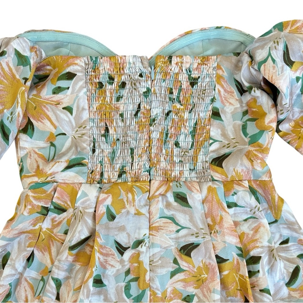 ASTR Floral Strapless Midi Dress Puff Sleeve Sweetheart Slit Yellow Green S - Picture 15 of 16